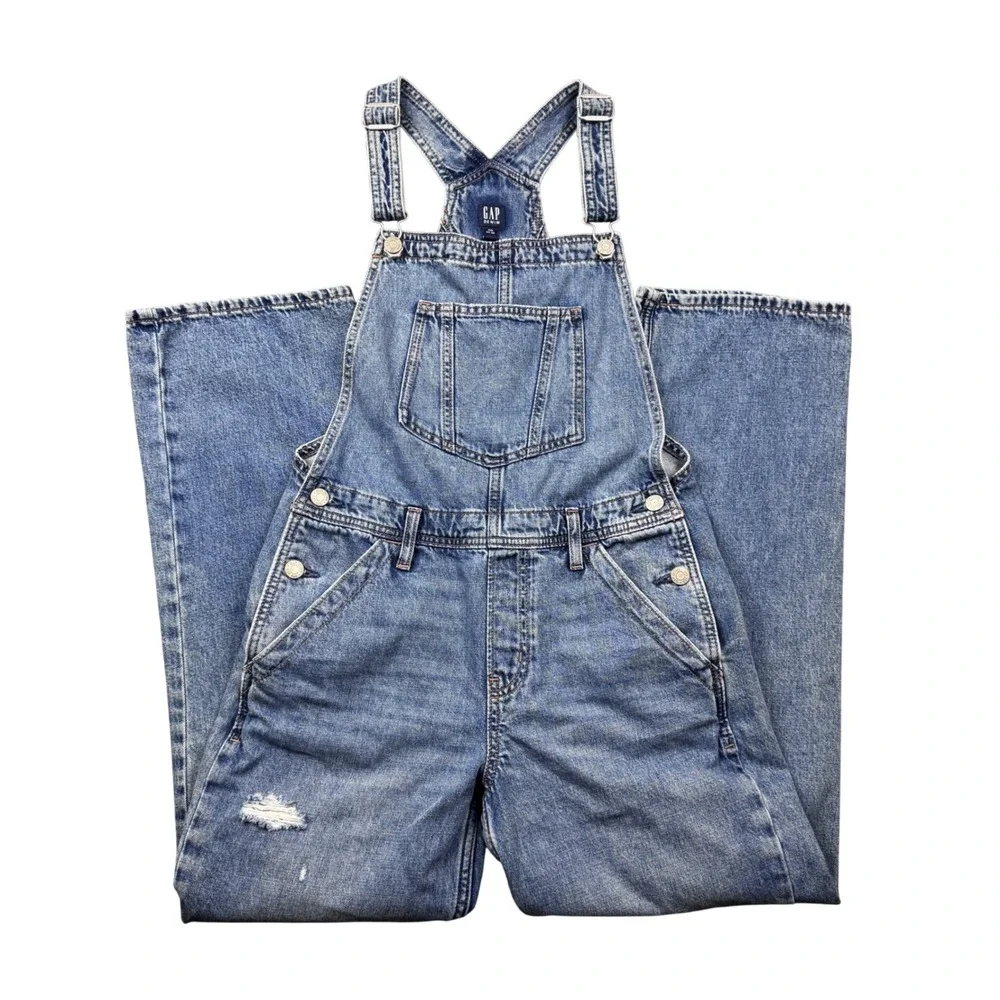 Gap Denim Blue Distressed Bib Overall Girls XXL (14-16) Medium Wash Straight Leg